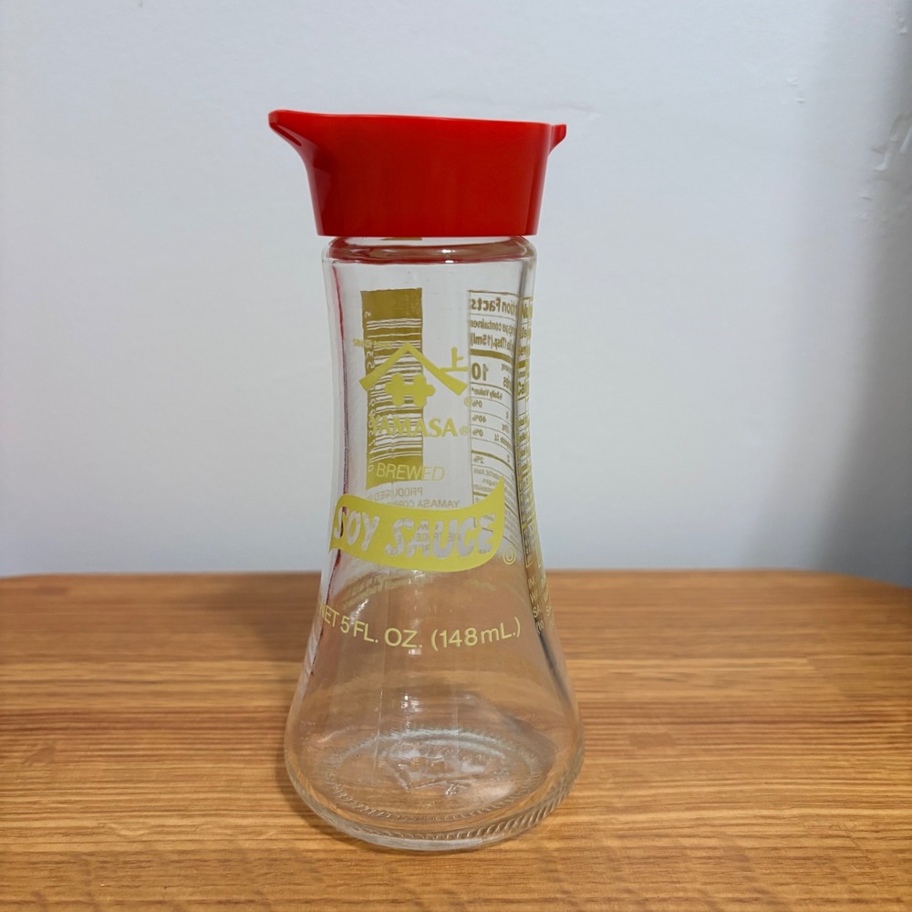 Yamasa Soy Sauce Glass Bottle Dispenser Red Lid Clear 5oz Empty Used